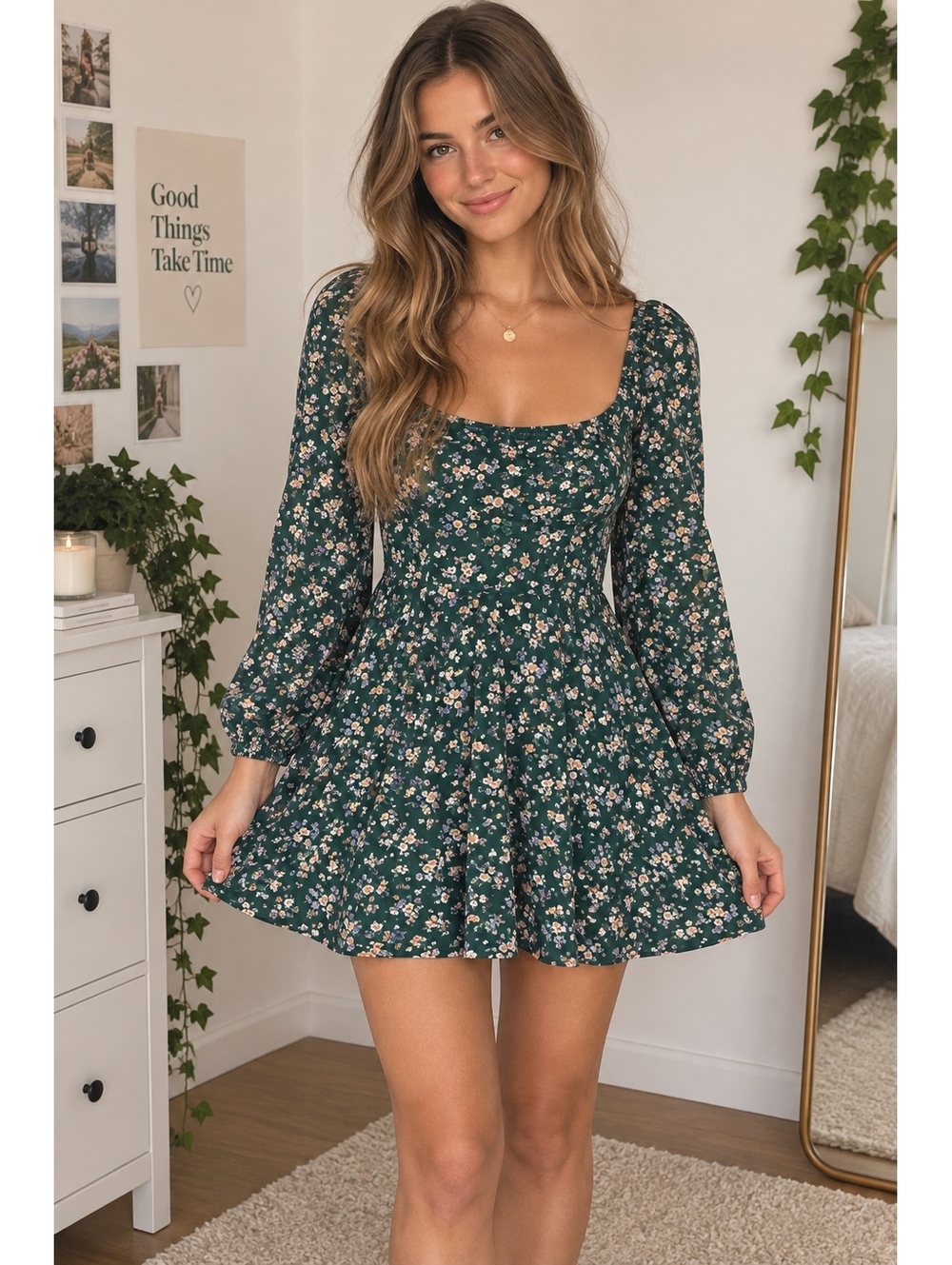 Forever 21 Green Floral Smocked Puff Sleeve Fit & Flare Mini Dress Small